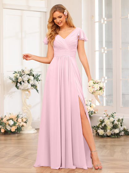 A-Line/Princess V-Neck Long Wedding Party Dresses with Split Side & Pockets