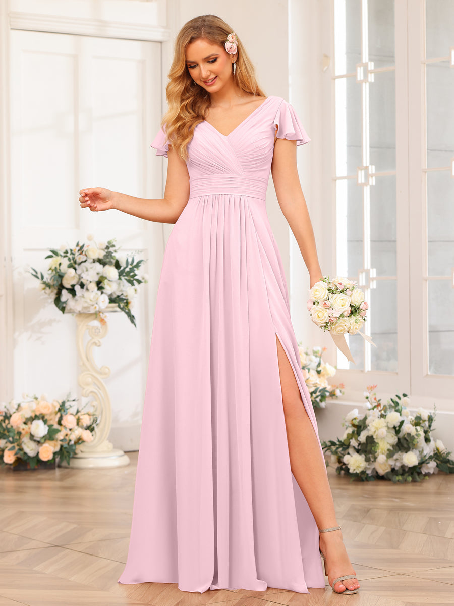 A-Line/Princess V-Neck Long Wedding Party Dresses with Split Side & Pockets