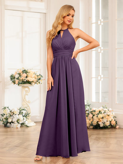 A-Line/Princess Halter Long Wedding Party Dresses with Split Side