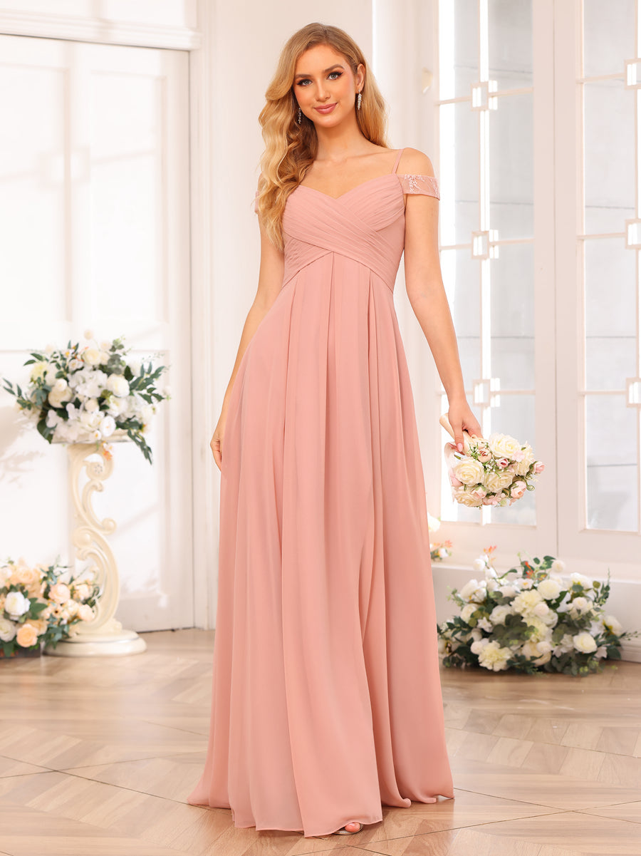 A-Line/Princess Spaghetti Straps Long Wedding Party Dresses with Split Side & Pockets