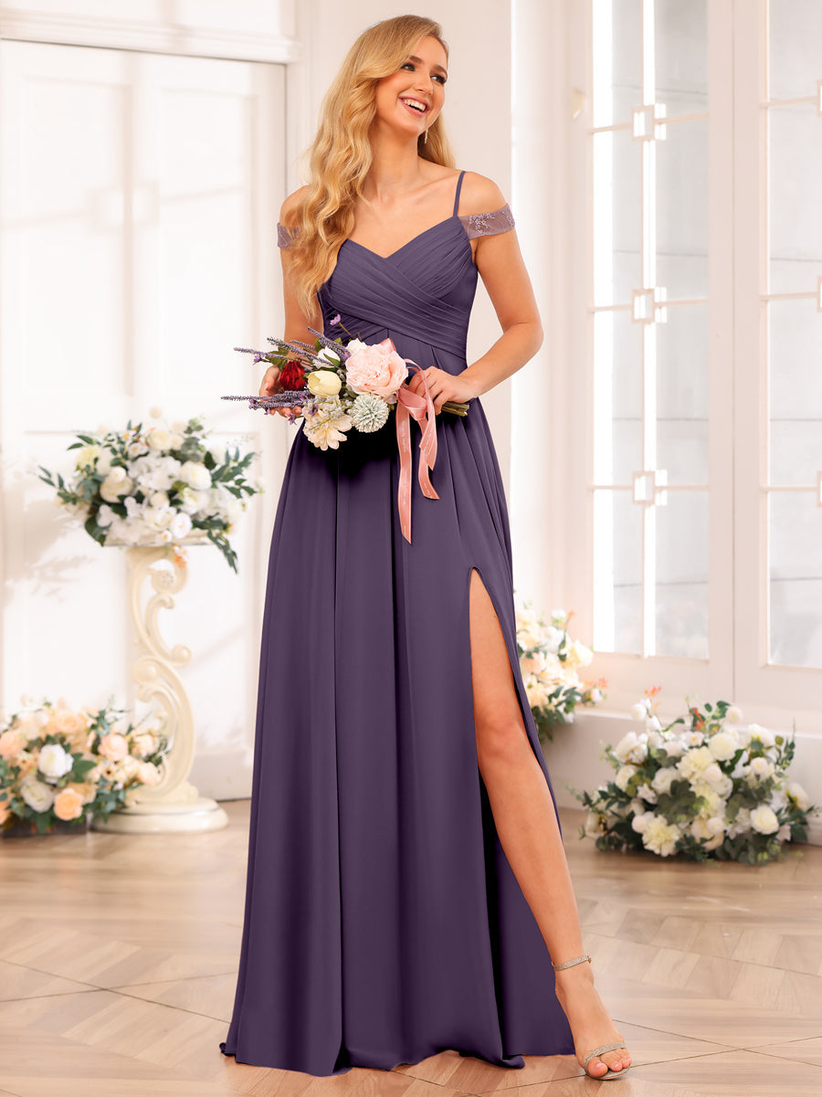 A-Line/Princess Spaghetti Straps Long Wedding Party Dresses with Split Side & Pockets