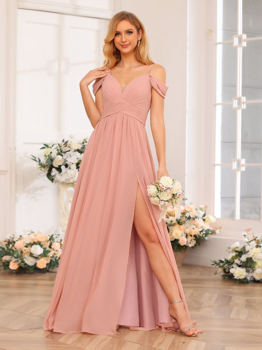 A-Line/Princess Spaghetti Straps Long Wedding Party Dresses with Split Side & Pockets