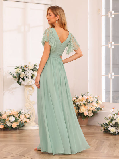 A-Line/Princess V-Neck Long Wedding Party Dresses with Split Side & Pockets