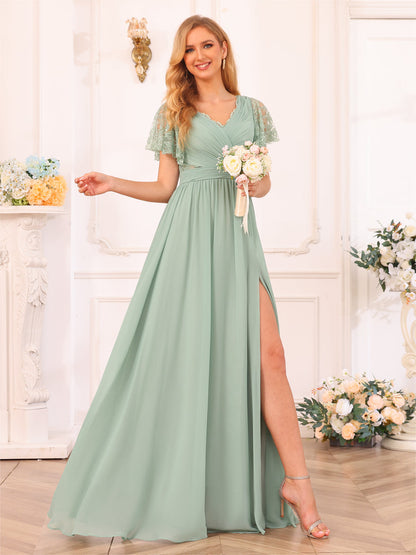 A-Line/Princess V-Neck Long Wedding Party Dresses with Split Side & Pockets