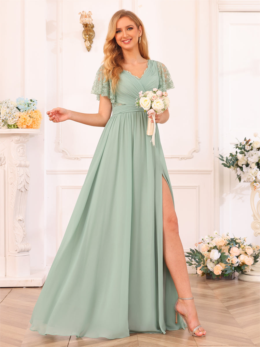 A-Line/Princess V-Neck Long Wedding Party Dresses with Split Side & Pockets