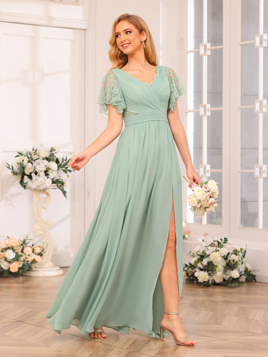 A-Line/Princess V-Neck Long Wedding Party Dresses with Split Side & Pockets