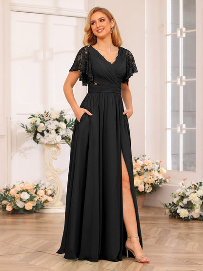 A-Line/Princess V-Neck Long Wedding Party Dresses with Split Side & Pockets