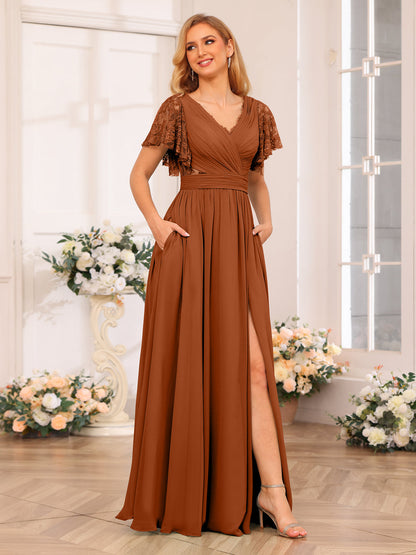 A-Line/Princess V-Neck Long Wedding Party Dresses with Split Side & Pockets