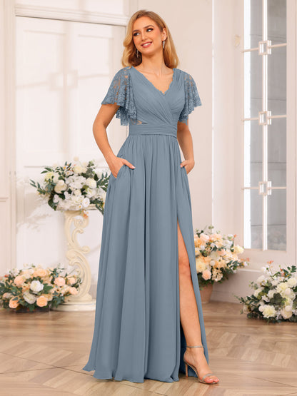 A-Line/Princess V-Neck Long Wedding Party Dresses with Split Side & Pockets