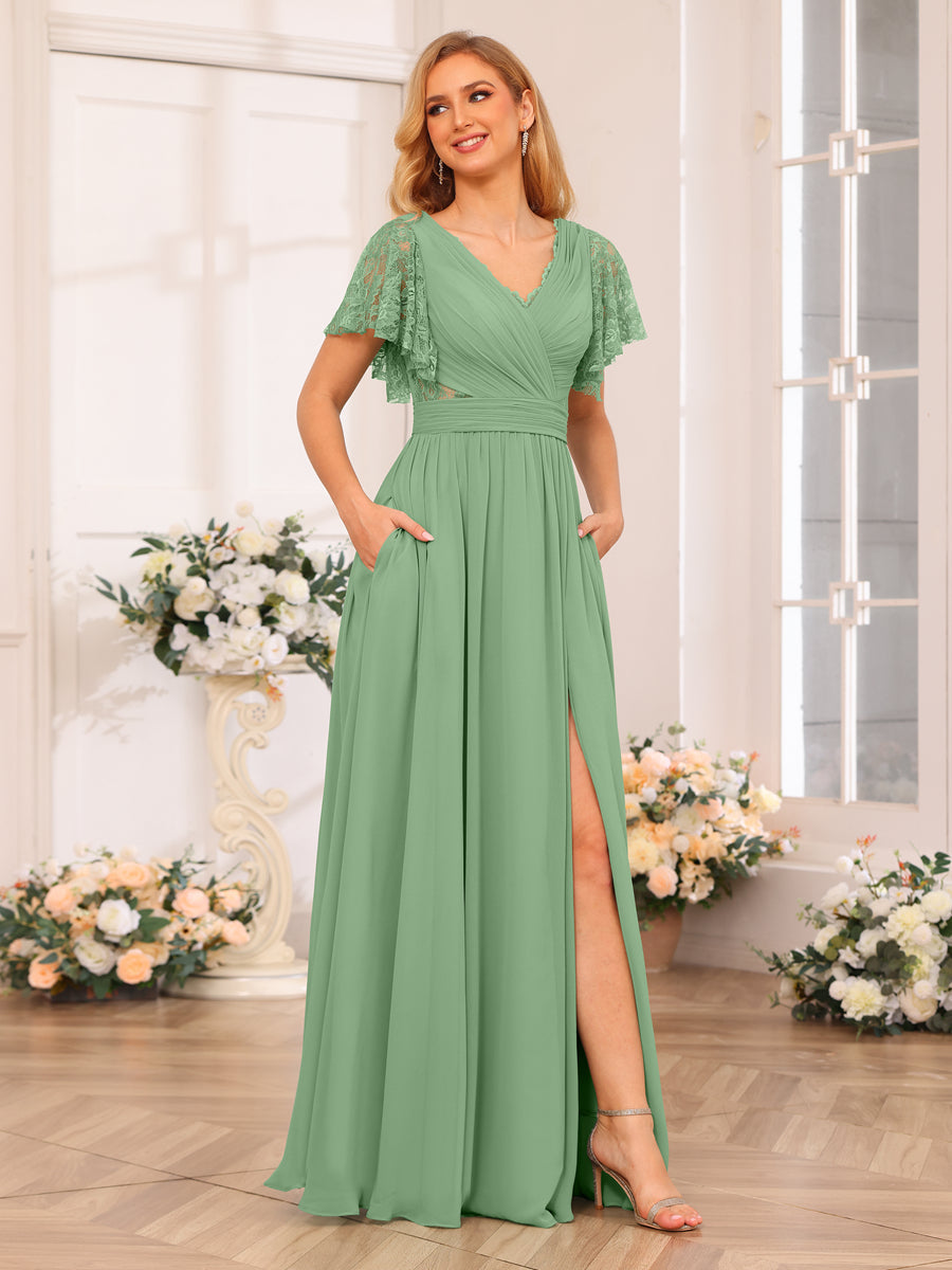 A-Line/Princess V-Neck Long Wedding Party Dresses with Split Side & Pockets