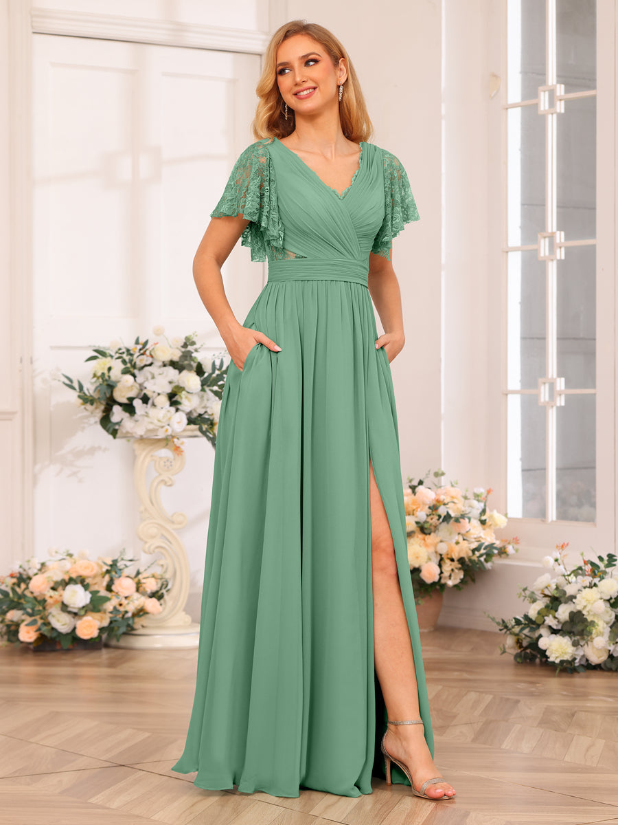 A-Line/Princess V-Neck Long Wedding Party Dresses with Split Side & Pockets