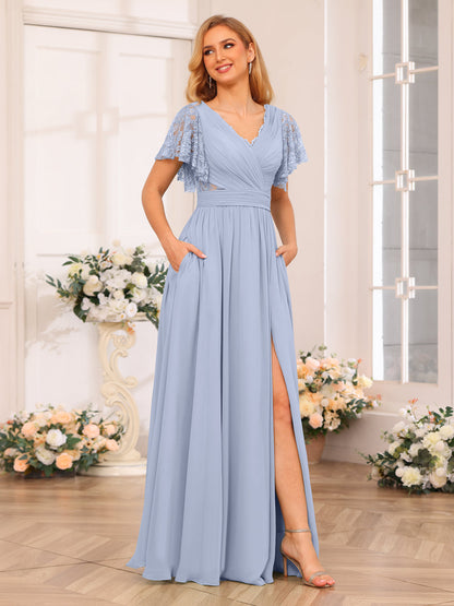 A-Line/Princess V-Neck Long Wedding Party Dresses with Split Side & Pockets