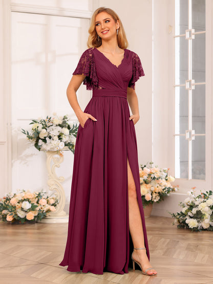 A-Line/Princess V-Neck Long Wedding Party Dresses with Split Side & Pockets