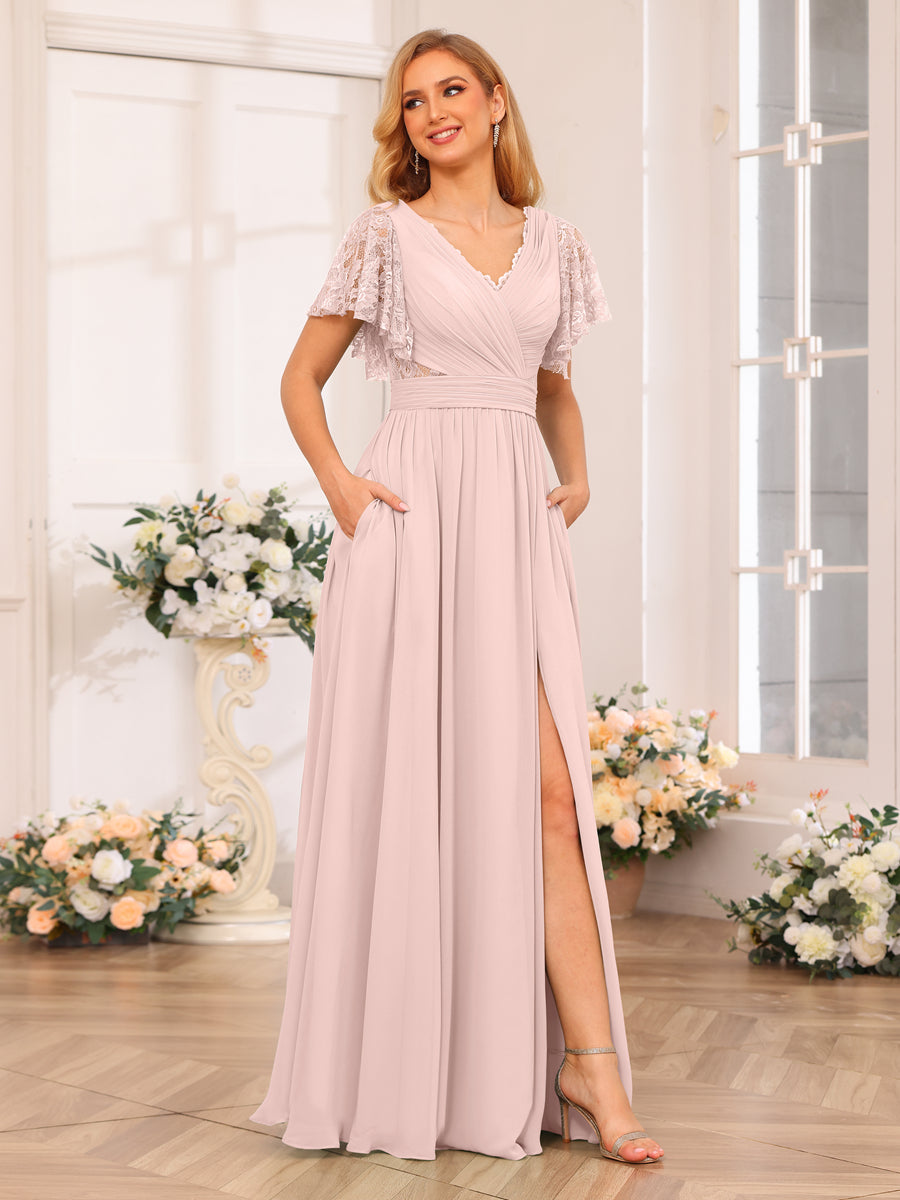 A-Line/Princess V-Neck Long Wedding Party Dresses with Split Side & Pockets