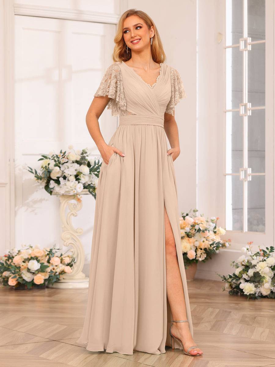 A-Line/Princess V-Neck Long Wedding Party Dresses with Split Side & Pockets