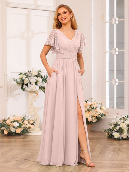 A-Line/Princess V-Neck Long Wedding Party Dresses with Split Side & Pockets