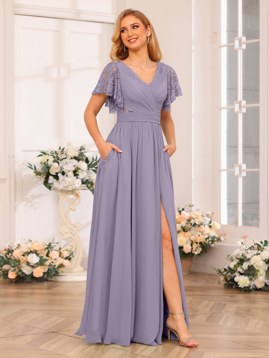 A-Line/Princess V-Neck Long Wedding Party Dresses with Split Side & Pockets