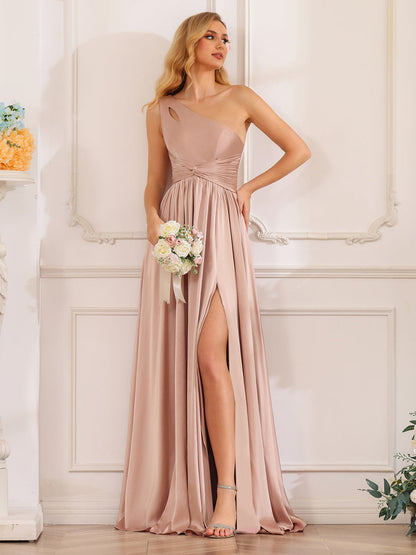 A-Line/Princess One-Shoulder Long Formal Dresses with Split Side