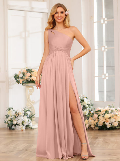 A-Line/Princess One-Shoulder Long Formal Dresses with Split Side