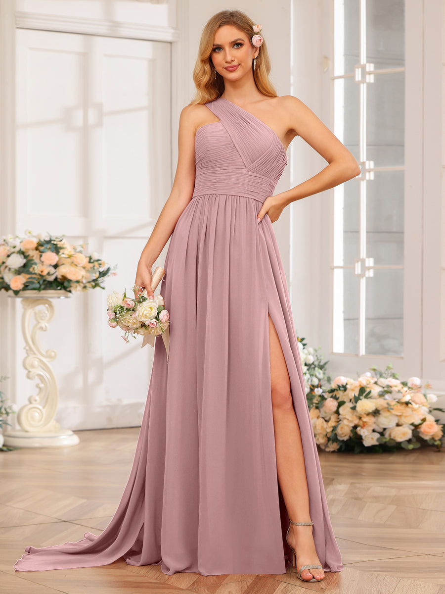 A-Line/Princess One-Shoulder Long Wedding Party Dresses with Watteau Train