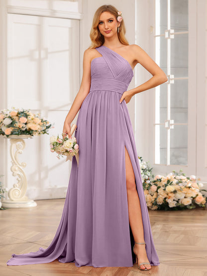 A-Line/Princess One-Shoulder Long Wedding Party Dresses with Watteau Train