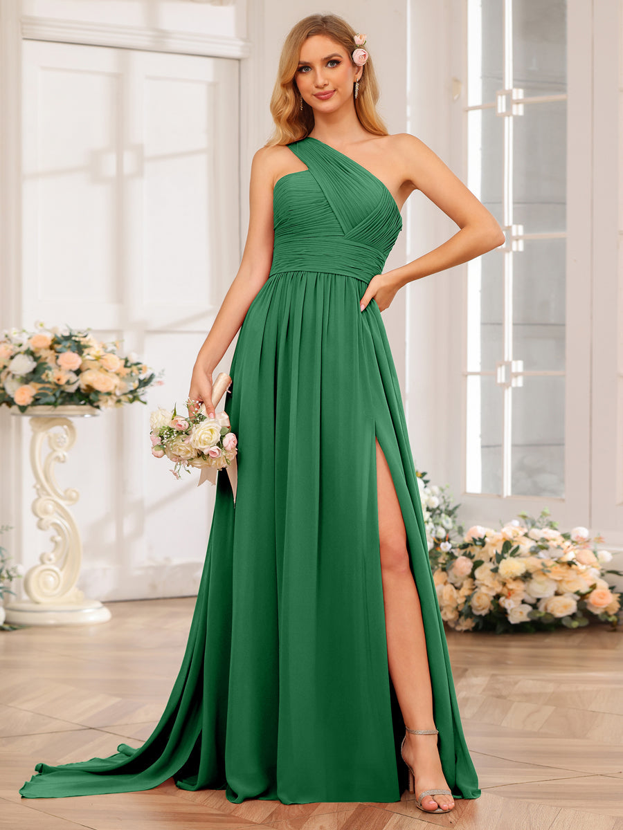 A-Line/Princess One-Shoulder Long Wedding Party Dresses with Watteau Train