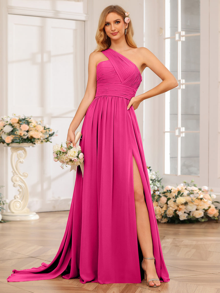 A-Line/Princess One-Shoulder Long Wedding Party Dresses with Watteau Train