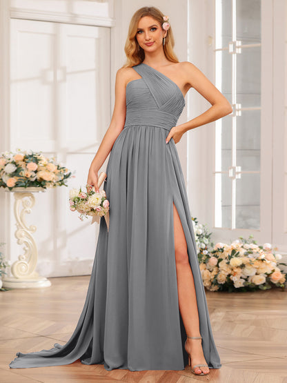 A-Line/Princess One-Shoulder Long Wedding Party Dresses with Watteau Train