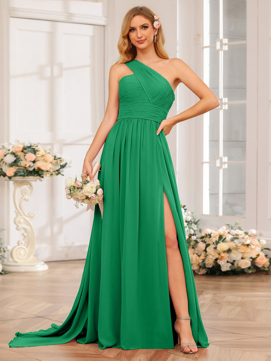 A-Line/Princess One-Shoulder Long Wedding Party Dresses with Watteau Train