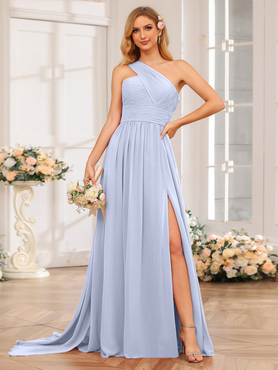 A-Line/Princess One-Shoulder Long Wedding Party Dresses with Watteau Train