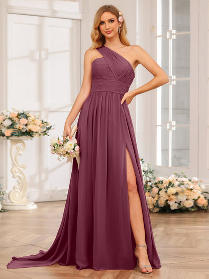 A-Line/Princess One-Shoulder Long Wedding Party Dresses with Watteau Train