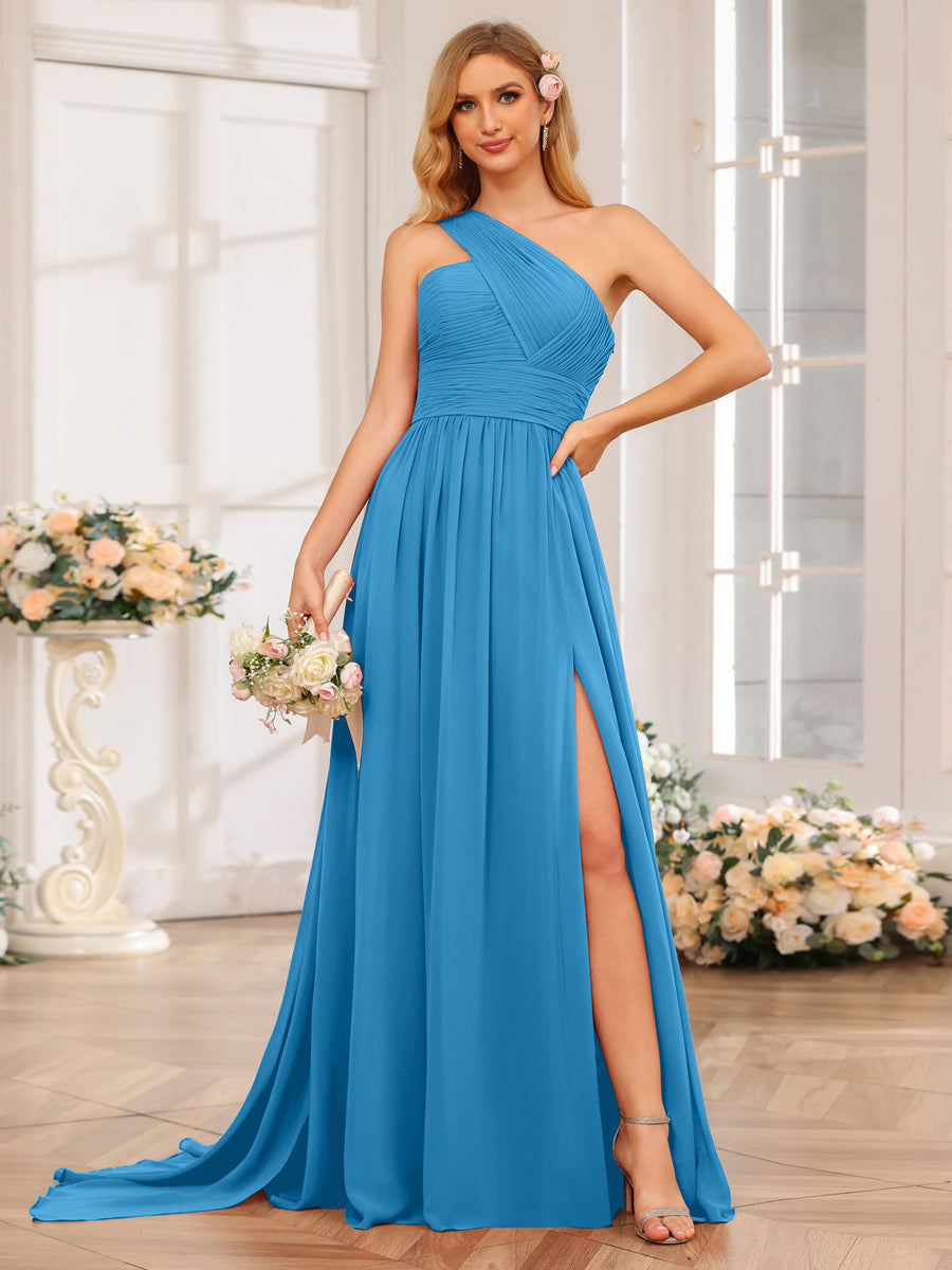 A-Line/Princess One-Shoulder Long Wedding Party Dresses with Watteau Train