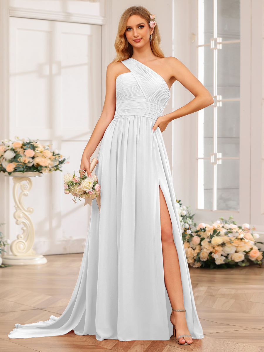 A-Line/Princess One-Shoulder Long Wedding Party Dresses with Watteau Train