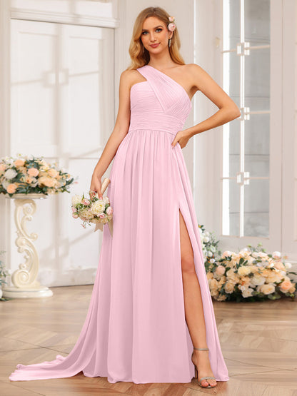 A-Line/Princess One-Shoulder Long Wedding Party Dresses with Watteau Train