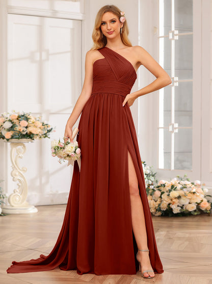 A-Line/Princess One-Shoulder Long Wedding Party Dresses with Watteau Train