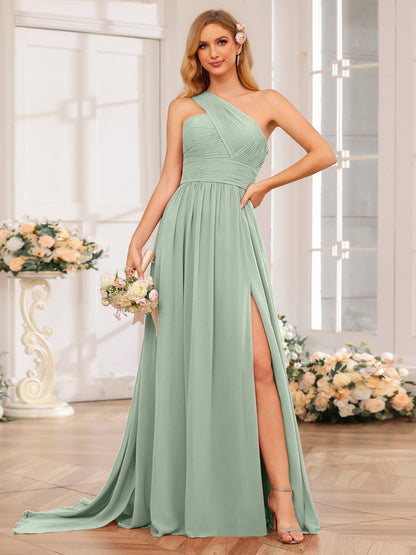 A-Line/Princess One-Shoulder Long Wedding Party Dresses with Watteau Train