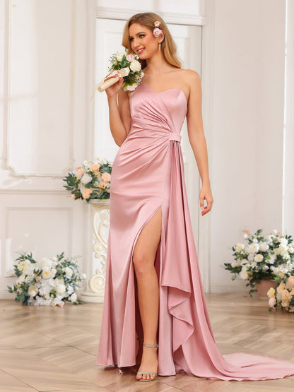 Sheath/Column One-Shoulder Long Formal Dresses with Watteau Train