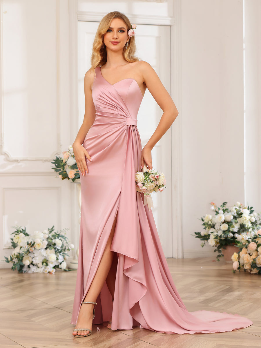 Sheath/Column One-Shoulder Long Formal Dresses with Watteau Train