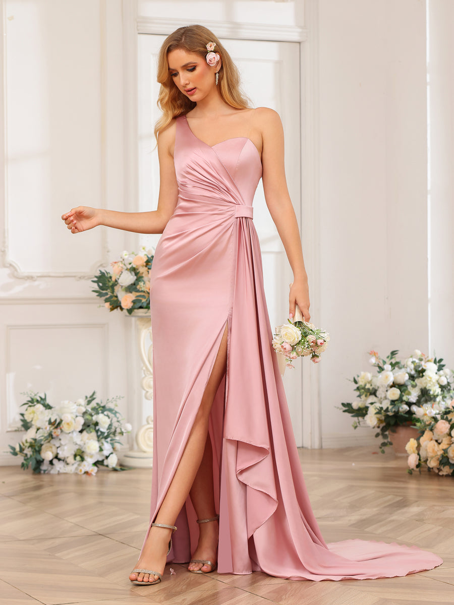 Sheath/Column One-Shoulder Long Formal Dresses with Watteau Train