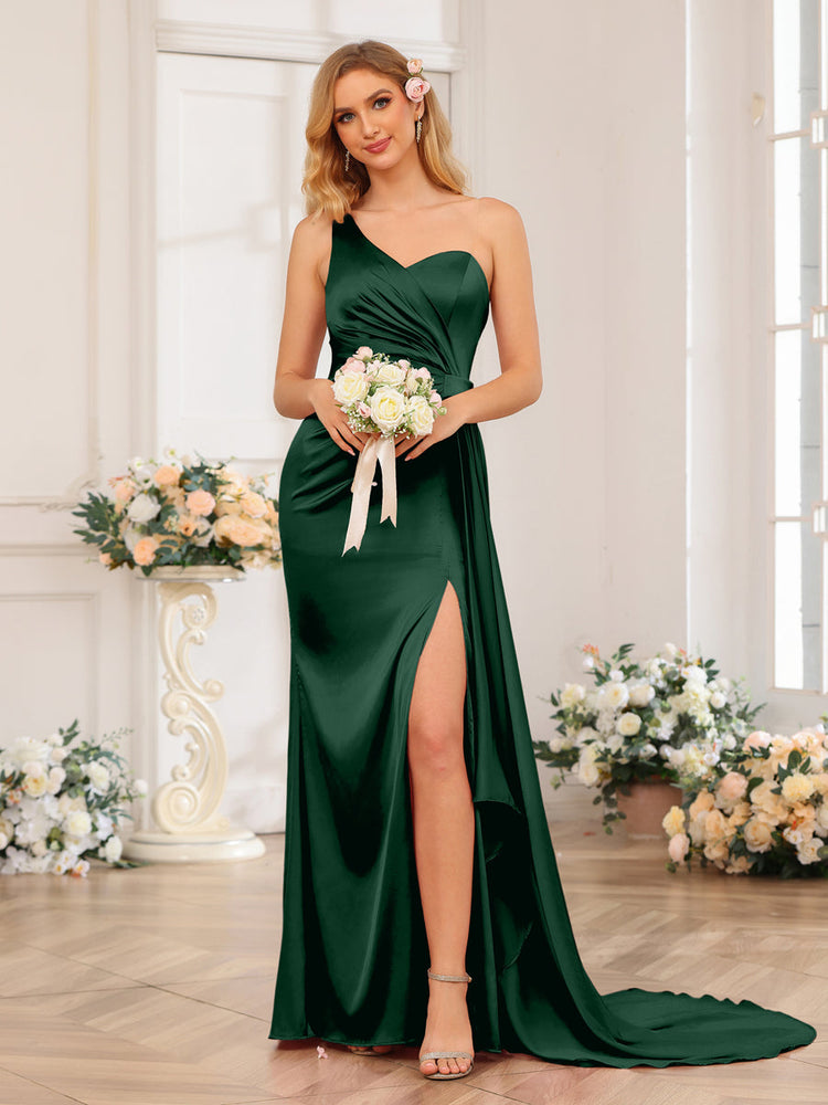 Elegant One Shoulder Satin Green Dress With Train