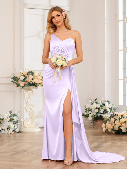 Sheath/Column One-Shoulder Long Formal Dresses with Watteau Train