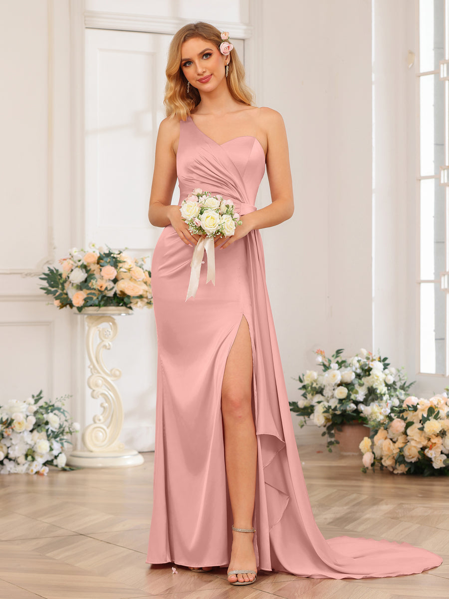 Sheath/Column One-Shoulder Long Formal Dresses with Watteau Train