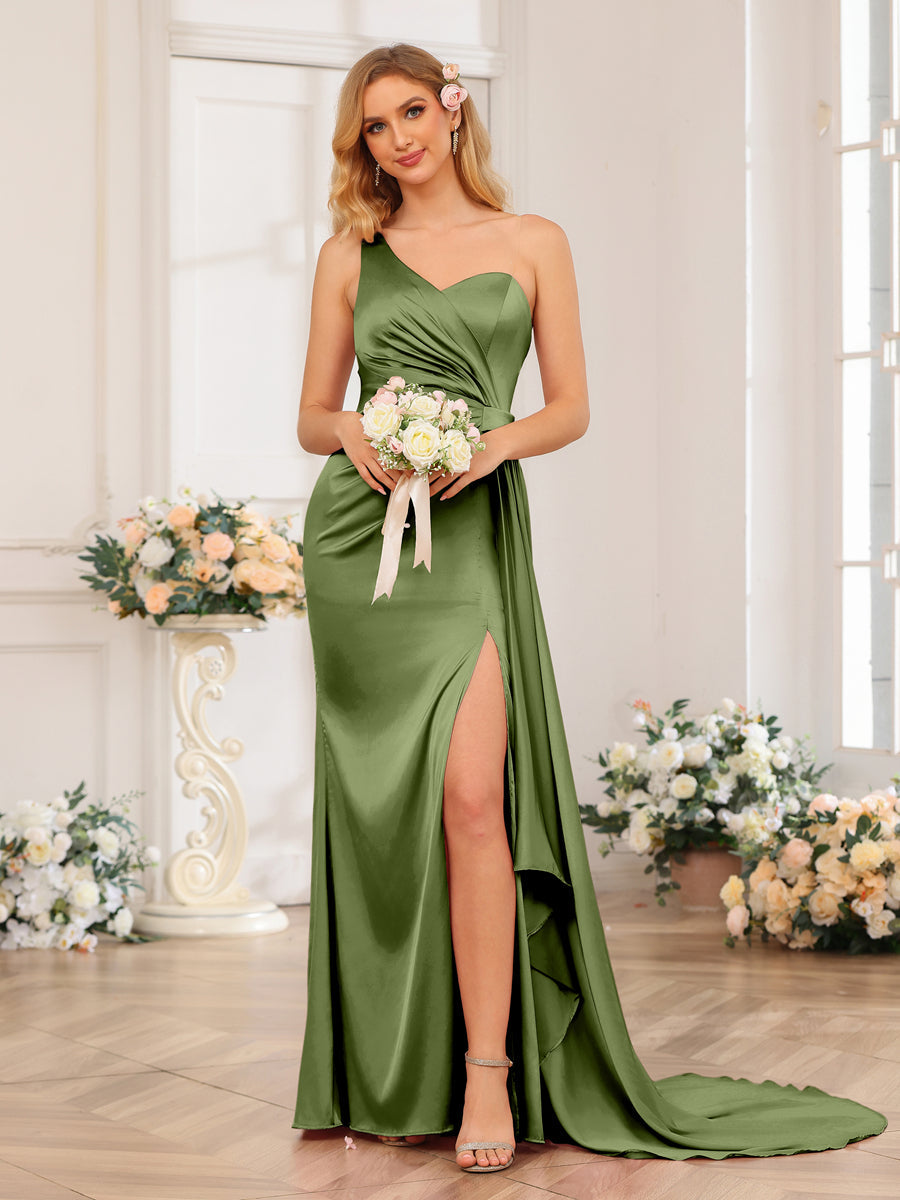 Sheath/Column One-Shoulder Long Formal Dresses with Watteau Train