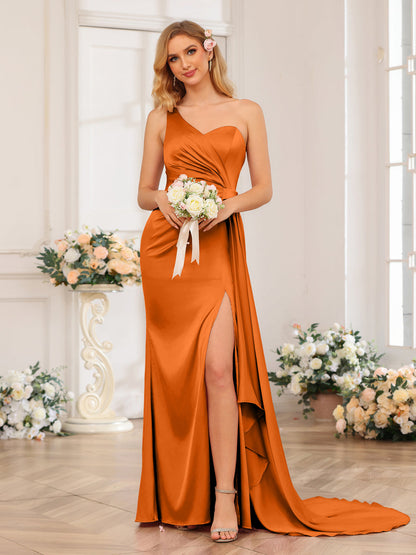 Sheath/Column One-Shoulder Long Formal Dresses with Watteau Train