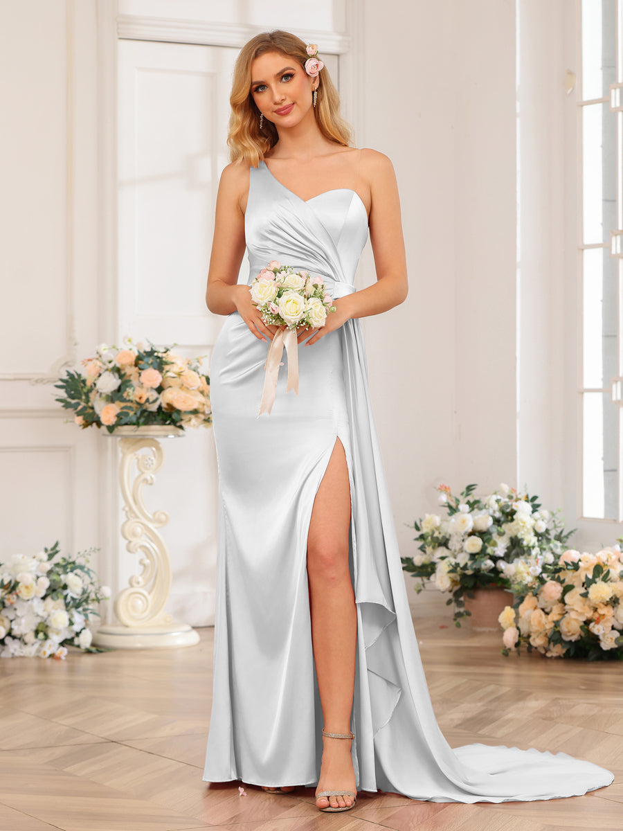 Sheath/Column One-Shoulder Long Formal Dresses with Watteau Train