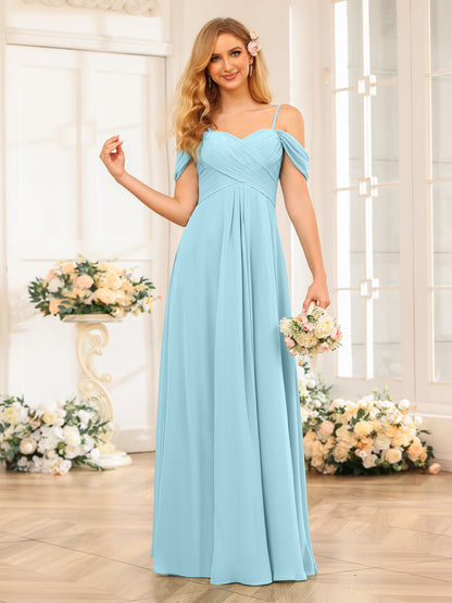 A-Line/Princess Spaghetti Straps Long Wedding Party Dresses with Ruched