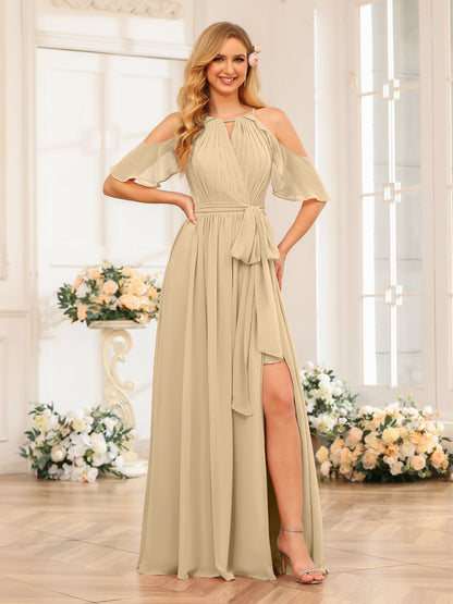 A-Line/Princess Halter Long Wedding Party Dresses with Split Side & Sash