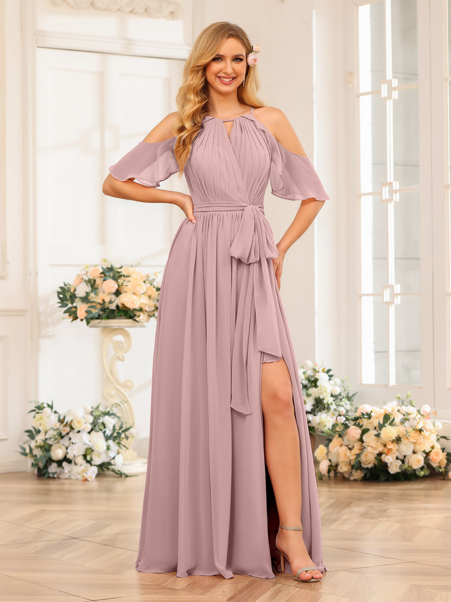 A-Line/Princess Halter Long Wedding Party Dresses with Split Side & Sash