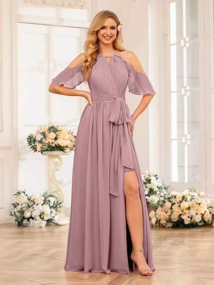 A-Line/Princess Halter Long Wedding Party Dresses with Split Side & Sash