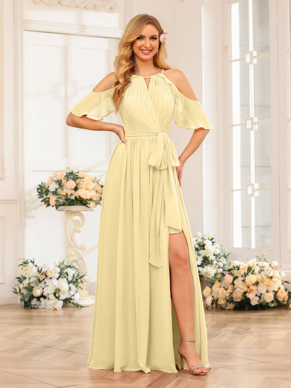 A-Line/Princess Halter Long Wedding Party Dresses with Split Side & Sash